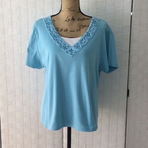 Karen Scott Sky Blue Embroidered V-Neck Tee #376